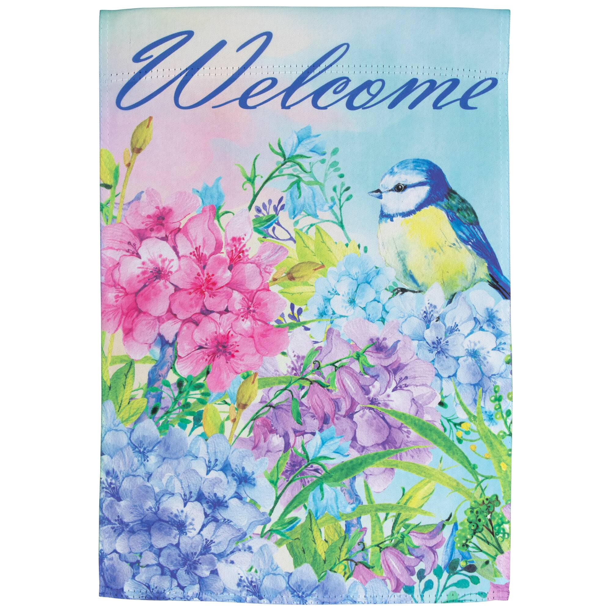 Blue and Purple Welcome Bird Outdoor Garden Flag 12.5" x 18"